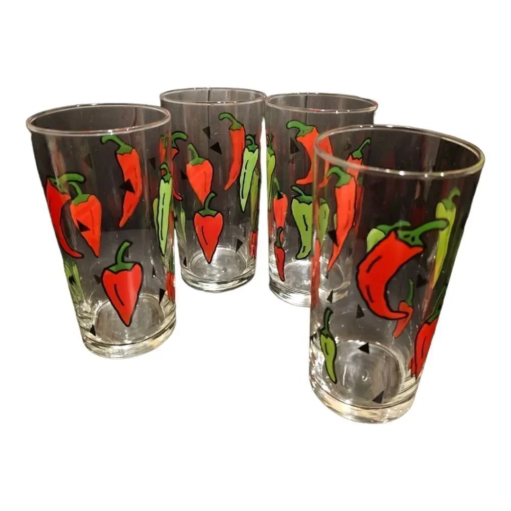 4 - CRATE & BARREL Red and Green Chili Pepper Drinking Glasses 6” Vintage